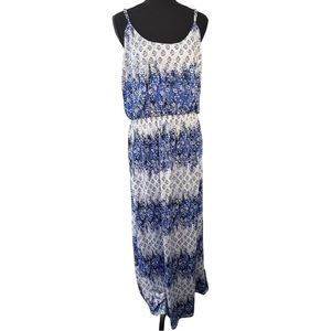 GNW Blue and White Blouscon Abstract Print Maxi Dress, Size 10
